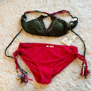 BECCA Two-Piece Bikini Set in Olive Green & Bright Pink